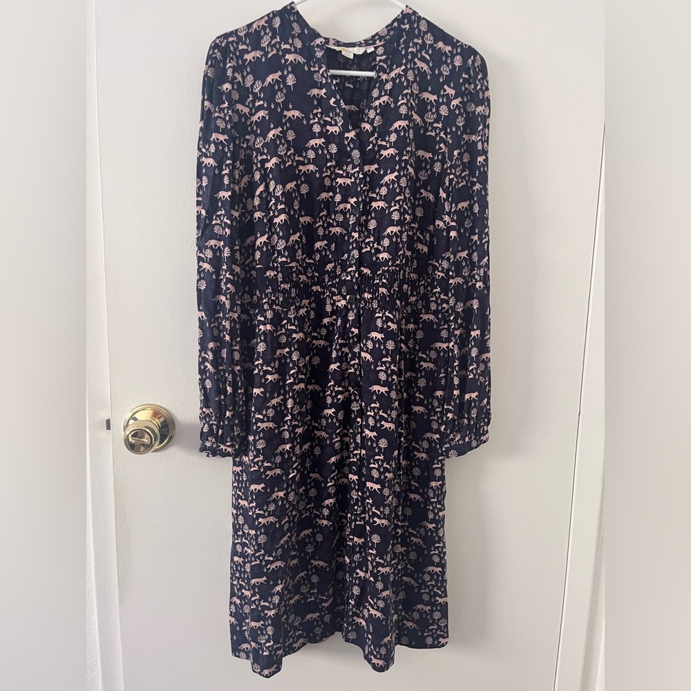Boden Corinne Fox Woodland Print Smocked Dress Long Sleeve Navy Pink Size 10L